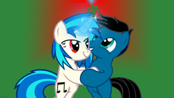 Size: 3840x2160 | Tagged: safe, artist:agkandphotomaker2000, imported from derpibooru, dj pon-3, vinyl scratch, oc, oc:pony video maker, pony, bipedal, canon x oc, christmas, duo, excited, female, heartwarming, holiday, looking up, male, mistletoe, teeth, videoscratch