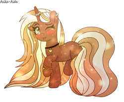 Size: 984x812 | Tagged: safe, artist:asika-aida, imported from derpibooru, oc, oc only, oc:choco night, pony, unicorn, blush sticker, blushing, contest prize, cute, female, gray background, horn ring, jewelry, looking at you, mare, necklace, one eye closed, open mouth, prize, signature, simple background, solo, wink