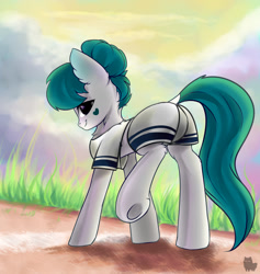 Size: 1280x1352 | Tagged: safe, artist:alphadesu, imported from derpibooru, oc, oc only, oc:karma, earth pony, pony, chest fluff, clothes, cloud, commission, explicit source, female, glass maker, grass, heart, looking at you, mare, shirt, shorts, sky, smiling, solo, underhoof, ych result