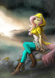 Size: 2970x4200 | Tagged: safe, artist:fidzfox, imported from derpibooru, fluttershy, anthro, plantigrade anthro, boots, clothes, cloud, dark clouds, eyes closed, female, grass, moss, rain, rock, shoes, smiling, solo
