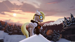 Size: 1920x1080 | Tagged: safe, artist:minutexium, imported from derpibooru, derpy hooves, pony, 3d, bomber jacket, clothes, earmuffs, female, gmod, goggles, jacket, mailmare, mountain, mountain range, snow, solo, winter