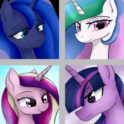 Size: 1050x1050 | Tagged: safe, artist:dashy21, imported from derpibooru, princess cadance, princess celestia, princess luna, twilight sparkle, alicorn, pony, alicorn tetrarchy, bust, female, lidded eyes, looking at you, mare, portrait, smiling, twilight sparkle (alicorn)