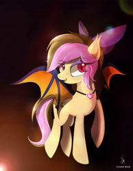 Size: 2924x3776 | Tagged: safe, artist:zidanemina, imported from derpibooru, oc, oc only, oc:dream maker, bat pony, pony, bat pony oc, bow, cute, cute little fangs, ear fluff, eyeshadow, fangs, female, flying, hair bow, jewelry, looking at you, makeup, mare, necklace, open mouth, slit eyes, slit pupils, smiling, solo, spread wings, wings