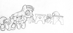 Size: 1093x498 | Tagged: safe, artist:midwestbrony, imported from derpibooru, lily longsocks, pony, classroom, monochrome, sketch, traditional art