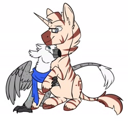 Size: 2099x1987 | Tagged: safe, artist:bluebrush09, imported from derpibooru, oc, oc:alder, oc:arctic star, griffon, zebra, zebracorn, clothes, glasses, scarf, size difference, snuggling, tattoo