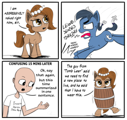 Size: 1280x1207 | Tagged: safe, artist:chopsticks, imported from derpibooru, oc, oc:brownie bun, oc:richard, earth pony, human, pony, horse wife, aggressive nudity, bankruptcy barrel, barrel, bipedal, clothes, comic, cute, descriptive noise, dialogue, female, funny, horse noises, insanity, lewd, open mouth, ponified, simple background, text, tumblr 2018 nsfw purge, tumblr drama, we don't normally wear clothes, wobbling, yelling