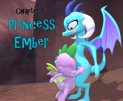 Size: 1316x1080 | Tagged: safe, artist:papadragon69, imported from derpibooru, part of a set, princess ember, spike, dragon, comic:spike's cyosa, 3d, blushing, chapter image, female, hug, male, part of a series, source filmmaker