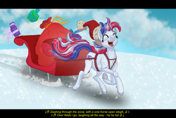 Size: 7000x4700 | Tagged: safe, artist:shaslan, imported from derpibooru, oc, oc only, oc:britannia (uk ponycon), earth pony, pony, absurd resolution, christmas, eyes closed, female, holiday, jingle bells, lyrics, mare, mascot, music notes, obtrusive watermark, singing, sleigh, snow, solo, song reference, text, uk ponycon, watermark