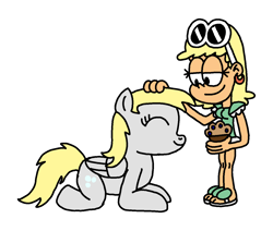 Size: 1300x1100 | Tagged: safe, artist:blackrhinoranger, imported from derpibooru, derpy hooves, human, pegasus, pony, anatomically incorrect, behaving like a dog, crossover, food, incorrect leg anatomy, leni loud, muffin, petting, size difference, the loud house