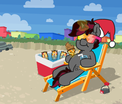 Size: 1280x1097 | Tagged: safe, artist:threetwotwo32232, imported from derpibooru, oc, oc only, oc:aneroid hydrolock, pony, unicorn, beach, beach chair, chair, christmas, cooler, golden gaytime, hat, holiday, levitation, magic, santa hat, solo, sunglasses, telekinesis