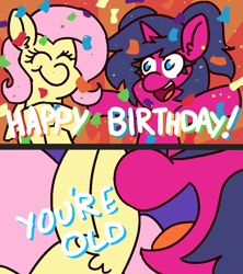 Size: 800x900 | Tagged: safe, artist:threetwotwo32232, imported from derpibooru, fluttershy, oc, pegasus, pony, unicorn, birthday, confetti, dialogue, female, mare, solo, text