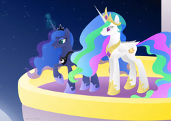 Size: 1280x906 | Tagged: safe, artist:lavenderrain24, imported from derpibooru, princess celestia, princess luna, alicorn, pony, crown, female, jewelry, mare, regalia, royal sisters, smiling