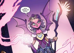 Size: 1093x788 | Tagged: safe, artist:tonyfleecs, idw, imported from derpibooru, princess eris, nightmare knights, spoiler:comic, spoiler:comicnightmareknights03, female, magic, official comic, sarimanok, solo, speech bubble, spread wings, staff, staff of sacanas, wings