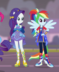 Size: 273x332 | Tagged: safe, imported from derpibooru, screencap, rainbow dash, rarity, equestria girls, equestria girls series, forgotten friendship, clothes, crossed arms, female, legs, ponied up, shoes, skirt, smiling, sneakers, super ponied up, wings