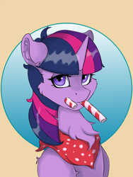 Size: 1200x1600 | Tagged: safe, artist:kittytitikitty, imported from derpibooru, twilight sparkle, pony, bandana, candy, candy cane, cheek fluff, chest fluff, ear fluff, female, food, looking at you, mare, mouth hold, solo