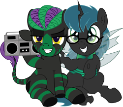 Size: 5442x4724 | Tagged: safe, artist:cyanlightning, imported from derpibooru, oc, oc only, oc:acid drive, oc:stratamax, changeling, pony, unicorn, 2019 community collab, derpibooru community collaboration, .svg available, absurd resolution, boombox, duo, glasses, jewelry, male, necklace, open mouth, simple background, sitting, smiling, smug, spread wings, stallion, transparent background, vector, wings