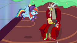 Size: 1280x720 | Tagged: safe, imported from derpibooru, screencap, discord, rainbow dash, draconequus, pegasus, pony, best gift ever, armchair, chair, clothes, duo, eating, female, flying, food, hat, male, mare, popcorn, raised eyebrow, scarf