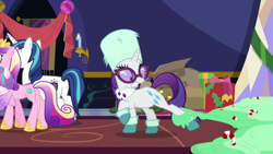 Size: 1280x720 | Tagged: safe, imported from derpibooru, screencap, princess cadance, princess flurry heart, rarity, shining armor, alicorn, pony, unicorn, best gift ever, butt, candy, candy cane, father and daughter, female, food, glasses, hat, hoof shoes, husband and wife, leg grab, lovebutt, male, mare, married couple, mother and daughter, plot, present, pudding, puddinghead's pudding, raised hoof, stallion, tentacles, wing hands, wing hold, wings