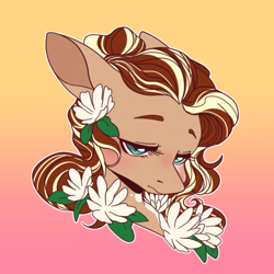 Size: 512x512 | Tagged: artist needed, safe, imported from derpibooru, oc, oc only, earth pony, pony, bust, eyebrows, female, flower, flower in hair, gradient background, lidded eyes, mare, portrait, solo, three quarter view