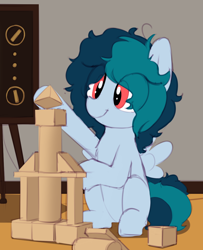 Size: 1094x1344 | Tagged: safe, artist:shinodage, imported from derpibooru, oc, oc only, oc:delta vee, pegasus, pony, blocks, building blocks, chest fluff, cute, diaveetes, female, filly, hoof hold, messy mane, ocbetes, playing, shinodage is trying to murder us, sitting, smiling, solo, spread wings, wings, younger