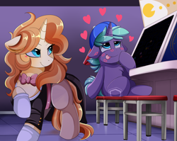 Size: 2950x2350 | Tagged: safe, artist:pridark, imported from derpibooru, oc, oc only, oc:pallet, oc:peachy cream, pony, unicorn, arcade, backwards ballcap, baseball cap, cap, chest fluff, clothes, commission, cutie mark, female, hat, heart, kiss mark, leotard, lipstick, magician outfit, male, mare, namco, oc x oc, pac-man, shipping, sitting, smiling, stallion, stool, straight, tongue out