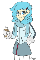 Size: 727x1080 | Tagged: safe, artist:exvius, imported from derpibooru, oc, oc only, oc:frost flare, human, kirin, equestria girls, blue eyes, clothes, coffee, drink, equestria girls oc, equestria girls-ified, female, hairclip, humanized, jacket, kirin oc, leggings, miniskirt, pantyhose, scarf, simple background, skirt, solo, transparent background, winter