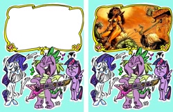 Size: 1280x837 | Tagged: safe, artist:grotezco, imported from derpibooru, rarity, spike, twilight sparkle, alicorn, anthro, unguligrade anthro, blue background, crying, dark queen tkhisis, disappointment, dragonlance, exploitable meme, guitar, lip bite, meme, music notes, simple background, singing, smiling, this will not end well, twilight sparkle (alicorn), unimpressed