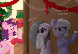 Size: 799x558 | Tagged: safe, artist:colorbrush, artist:colorochka, edit, editor:symphonic sync, imported from derpibooru, big macintosh, limestone pie, marble pie, sugar belle, earth pony, pony, unicorn, christmas, christmas tree, crying, female, heartbroken marble, holiday, male, shipping, side chick, straight, sugarmac, tree