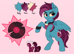 Size: 3907x2862 | Tagged: safe, artist:thegamblehorse, imported from derpibooru, oc, oc only, oc:glitch hop, pegasus, pony, clothes, cutie mark, female, height scale, mare, piercing, reference sheet, solo, vest