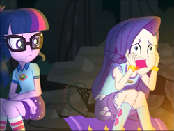 Size: 955x720 | Tagged: safe, imported from derpibooru, screencap, rarity, sci-twi, twilight sparkle, equestria girls, legend of everfree, bracelet, camp everfree outfits, campfire, clothes, cropped, freakout, glasses, jewelry, kneesocks, marshmelodrama, screaming, shorts, sitting, socks