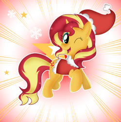 Size: 2078x2090 | Tagged: safe, artist:doraeartdreams-aspy, imported from derpibooru, sunset shimmer, pony, unicorn, abstract background, christmas, clothes, costume, cute, female, holiday, one eye closed, santa costume, shimmerbetes, solo, wink