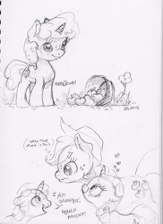 Size: 2265x3105 | Tagged: safe, artist:dilarus, deleted from derpibooru, imported from derpibooru, applejack, rarity, oc, oc:apple jewel, earth pony, pony, unicorn, apple, cute, dialogue, female, filly, food, hat, heart, henlo, jackabetes, lesbian, lineart, magical lesbian spawn, mare, monochrome, ocbetes, offspring, parent:applejack, parent:rarity, parents:rarijack, raribetes, rarijack, shipping, simple background, size difference, skeptical, smol, thought bubble, traditional art, vulgar, wat, white background