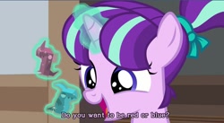 Size: 1231x677 | Tagged: safe, imported from derpibooru, screencap, starlight glimmer, pony, unicorn, uncommon bond, board game, cute, dragon pit, female, filly, filly starlight glimmer, glimmerbetes, glowing horn, magic, solo, subtitles, telekinesis, younger