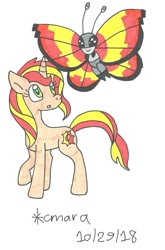 Size: 898x1357 | Tagged: safe, artist:cmara, imported from derpibooru, sunset shimmer, unicorn, vivillon, crossover, pokémon, traditional art