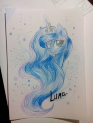 Size: 1224x1632 | Tagged: source needed, safe, artist:okity, imported from derpibooru, princess luna, alicorn, pony, bust, crown, female, glowing horn, jewelry, mare, portrait, regalia, smiling, solo, traditional art