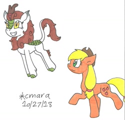 Size: 1235x1181 | Tagged: safe, artist:cmara, imported from derpibooru, applejack, autumn blaze, kirin, pony, sounds of silence, traditional art