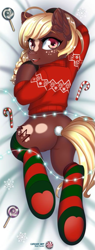 Size: 381x1000 | Tagged: safe, artist:lifejoyart, deleted from derpibooru, imported from derpibooru, oc, oc only, earth pony, pony, blushing, body pillow, body pillow design, candy, candy cane, christmas, christmas lights, clothes, commission, costume, cropped, ear fluff, female, food, freckles, holiday, looking at you, looking back, looking back at you, mare, open mouth, plot, santa costume, smiling, socks, striped socks, sweater, thigh highs