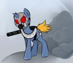 Size: 880x764 | Tagged: safe, artist:jessy, imported from derpibooru, oc, oc only, pony, unicorn, gas mask, mask, minigun, solo