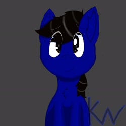 Size: 2894x2894 | Tagged: safe, artist:kevw, imported from derpibooru, oc, pony, black mane, chest fluff, cute, dark blue coat, innocent, kevpon, messy mane, ponysona, simple background, sitting, smiling, watermark