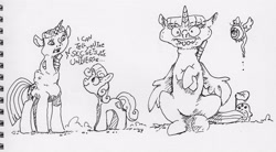 Size: 3192x1758 | Tagged: safe, artist:dilarus, deleted from derpibooru, imported from derpibooru, sweetie belle, twilight sparkle, alicorn, pony, unicorn, comic:sweetie belle—master of twilights, comic:the many faces of twilight sparkle, dialogue, female, filly, lineart, monochrome, not salmon, simple background, species swap, totoro, traditional art, twilight sparkle (alicorn), wat, white background