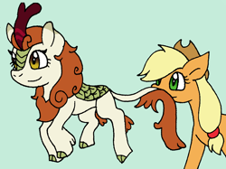 Size: 992x741 | Tagged: safe, artist:cmara, imported from derpibooru, applejack, autumn blaze, earth pony, kirin, pony, sounds of silence, applejack's hat, cowboy hat, hat, paint tool sai