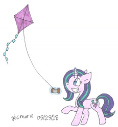 Size: 1328x1440 | Tagged: safe, artist:cmara, imported from derpibooru, starlight glimmer, pony, female, kite, kite flying, solo, traditional art