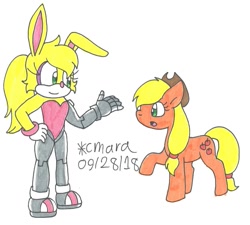 Size: 1246x1120 | Tagged: safe, artist:cmara, imported from derpibooru, applejack, bunnie rabbot, crossover, sonic the hedgehog (series), traditional art