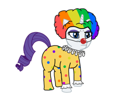 Size: 800x670 | Tagged: safe, artist:paw-of-darkness, imported from derpibooru, rarity, pony, clothes, clown, clown nose, clown outfit, clownity, costume, not fabulous, rainbow wig, rarity is not amused, red nose, ruff (clothing), silly, unamused, unhappy