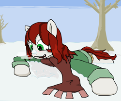 Size: 920x772 | Tagged: safe, artist:redventure, imported from derpibooru, oc, oc only, oc:palette swap, earth pony, pony, breath, clothes, female, mare, scarf, snow, solo, tree, visible breath