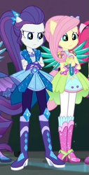 Size: 293x577 | Tagged: safe, imported from derpibooru, screencap, fluttershy, pinkie pie, rarity, sci-twi, twilight sparkle, equestria girls, equestria girls series, super squad goals, boots, clothes, cropped, crossed arms, crystal guardian, crystal wings, duo, duo female, female, geode of fauna, geode of shielding, magical geodes, offscreen character, pants, ponied up, pony ears, shoes, skirt