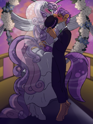 Size: 2048x2732 | Tagged: safe, artist:percy-mcmurphy, imported from derpibooru, sweetie belle, tender taps, anthro, earth pony, unguligrade anthro, unicorn, clothes, dress, eyes closed, female, kissing, male, older, older sweetie belle, shipping, size difference, smiling, straight, suit, tenderbelle, wedding dress