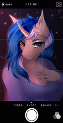 Size: 1637x3177 | Tagged: safe, artist:kindly-fox, imported from derpibooru, oc, oc only, oc:oceanmirror, anthro, unicorn, anthro oc, breasts, cleavage, ear fluff, female, looking at you, mare, nail polish, solo, ych result