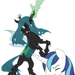 Size: 800x800 | Tagged: safe, artist:elslowmo, artist:jessy, imported from derpibooru, queen chrysalis, shining armor, changeling, changeling queen, unicorn, duo, female, simple background, white background