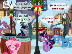 Size: 1024x768 | Tagged: safe, artist:bronybyexception, imported from derpibooru, pinkie pie, trixie, twilight sparkle, earth pony, pony, unicorn, advent calendar, barrel, bells, christmas, earworm, have a holly jolly christmas, holiday, insanity, lamppost, snow, stereo, twilight snapple, wreath